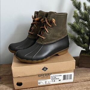 Sperry Saltwater Women’s Olive and Brown Duck Boots